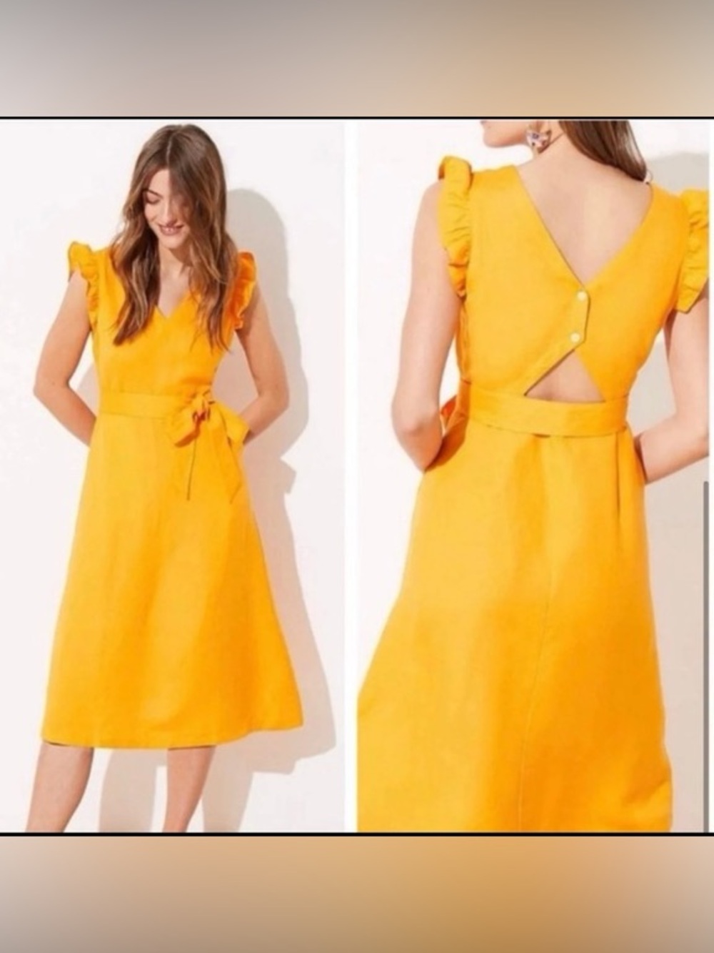 LOFT Bright Yellow Ruffle-Sleeve V-Neck Midi Dress